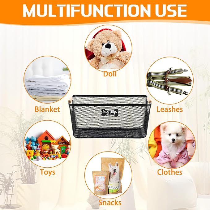 4 Pack Metal Dog Toy Storage Baskets with Wooden Handles, Chew Resistant Pet Organizer Bins for Dog Toys, Leashes, Accessories, Stackable Mesh Pet Storage for Home Outdoor