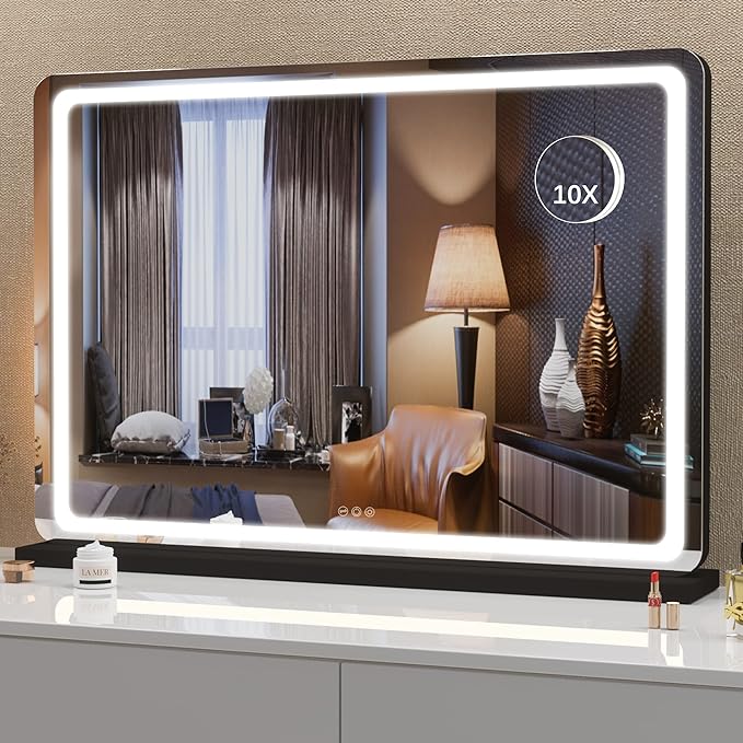 Hasipu Vanity Mirror with Lights, 31.5" x 22" LED Makeup Mirror, Lighted Makeup Mirror with Dimmable 3 Modes, Touch Screen Control Vanity Mirror Round Black