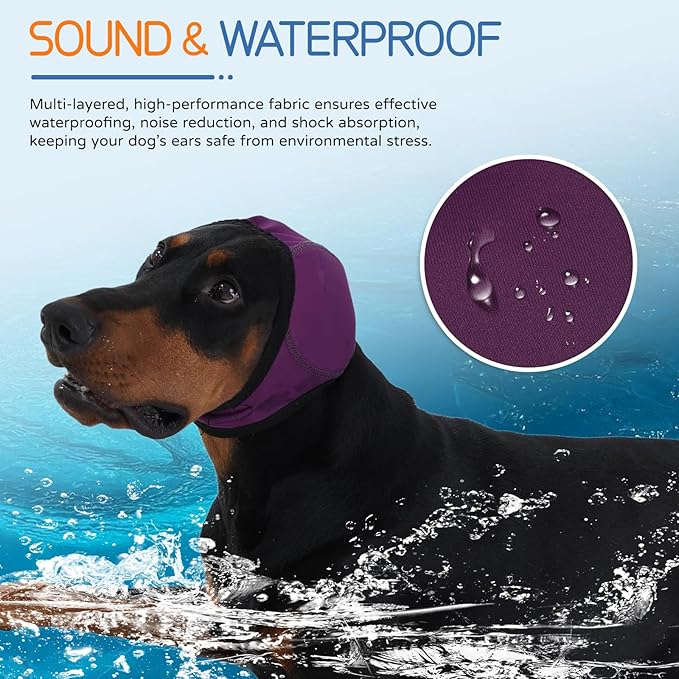 Dog Ear Muffs & Swim Cap and No Shake Ear Wrap for Bathing, Hematoma, Drying & Noise Anxiety Relief - Elastic Waterproof Ear Protection with Calming Hoodie for Grooming