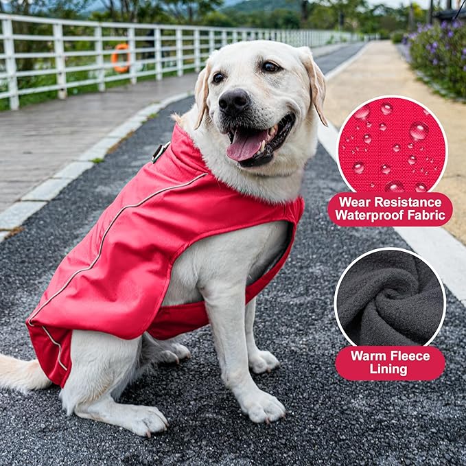 Outdoor Waterproof Dog Jacket for Large Dogs,Doggie Coats with Harness Buitl in D-Ring Warm Fleece Dog Clothes for Cold Winter,Red 3XL