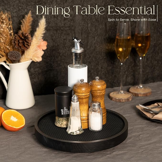 EOSAHR Non-Skid Wooden Lazy Susan Turntable for Cabinet – Chic 10.5" Lazy Susan Turntable and Bathroom Tray for Bathroom Decor & Coffee Table - Ideal for Home and Kitchen (Black)