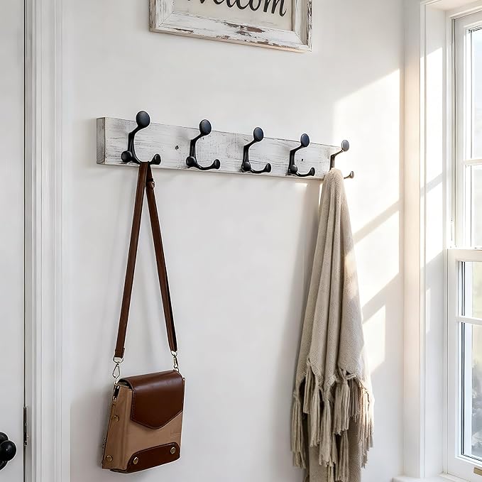 SKOLOO 30-Inch Wood Coat Rack Wall Mount with 5 Triple Hooks - Ideal for Family Entrances, Classrooms, and Pet Supplies Storage - Perfect Coat Hooks for Wall,Distressed White Wash