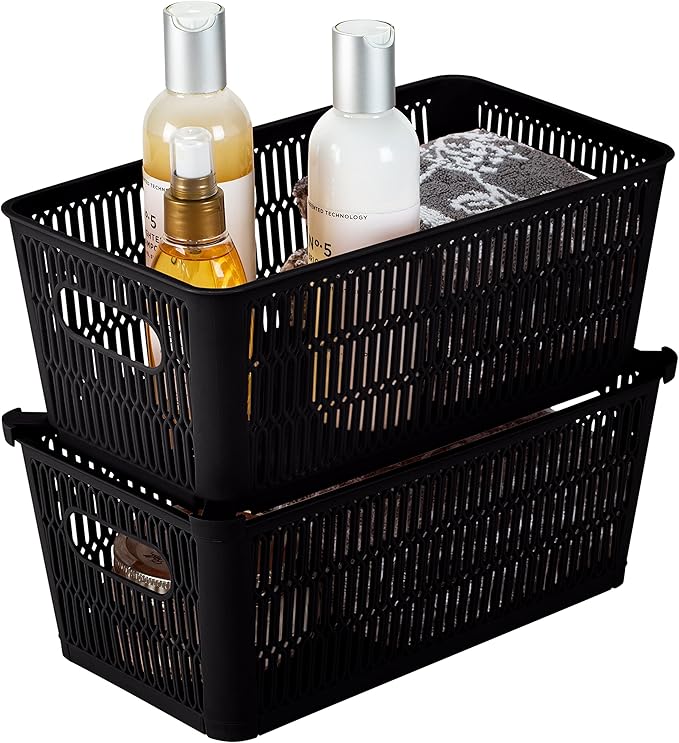 Simplify 4Pk Small Slide 2 Stack It Tote Basket | Storage & Organization | Open Bins with Stackable Capability | Bathroom | Crafts | Pantry | Playroom | Office | Black (KIT-25934-BLACK-4PK)