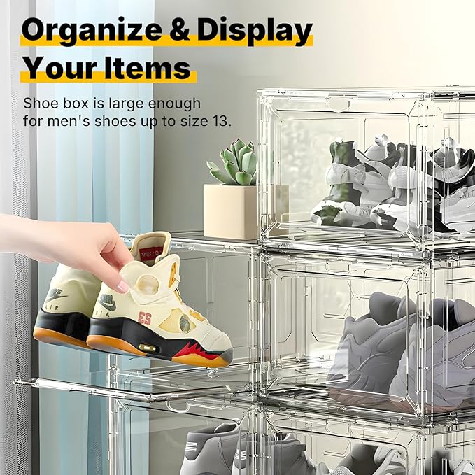 Thick & Sturdy Clear Shoe Boxes with Magnetic Front Door, Stackable Plastic Sneaker Storage Organizer for Closet, Space-Saving Foldable Shoe Containers for Boots & Heels, Durable Shoe Cabinet, 6 Pack
