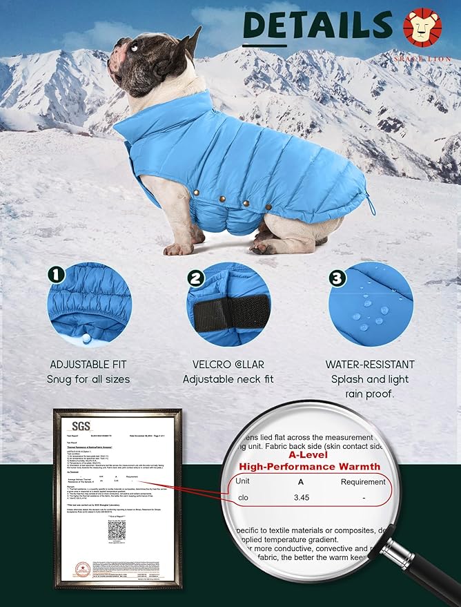 SPACE LION Dog Puffer Jacket, Down Winter Coat, Durable Outdoor Coat for Cold and Windy Conditions, Lightweight & Adjustable Fit Coats for Small Dogs, (Alaskan Blue, Size 8 Gift Box)