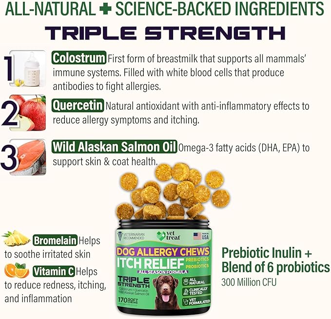 Dog Allergy Relief Chews - 170 Dog Allergy Chews - Itch Relief for Dogs - Anti Itch for Dogs - Dry & Itchy Skin - Allergies & Immune Support Supplement, Omega 3, Fish Oil, Colostrum - USA