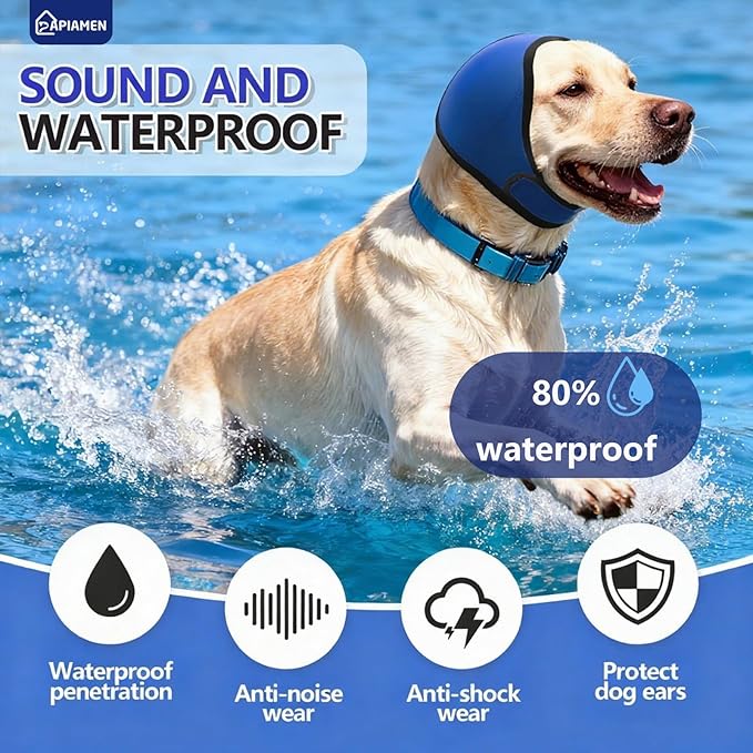 Dog Ear Cover for Hematoma,Bathing,Grooming,Drying,Fashion No Shake Ear Wraps for Dogs Ear Muffs Noise Protection Anxiety Relief,Waterproof Dog Calming Hoodie Shower Cap(Blue,M)