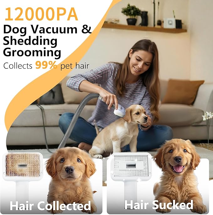 FOTING 5-in-1 Dog Grooming Vacuum, 12000Pa Dog Clippers & Shedding Brush Grooming Cleaning Tools Pet Grooming Vacuum, 2 Suction Levels Shedding Pet Hair Home Cleaning, White