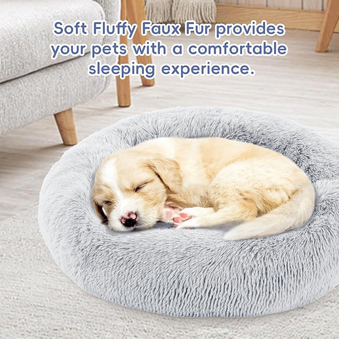 FluffyDream 30 inch Donut Bed - Calming Dog Bed, Plush Washable, Grey