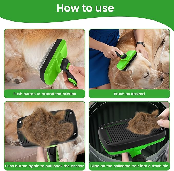 A De-Shedding Brush and a Magic Pet Hair Remover Glove Set. A Self Cleaning Brush for Short Haired and Long Haired Dogs and Indoor Cats. A Grooming Comb and a Mitt with Improved Design.