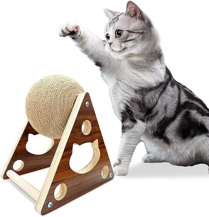 Cat Scratcher, Natural Sisal Rope Scratching Ball with Ball for Cats & Kittens, Interactive Solid Wood Pet Toy (Medium)