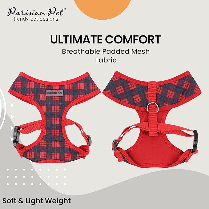 Parisian Pet Adjustable Plaid Red Dog Vest - Medium-Sized Dog Harness - 100% Mesh Fabric, No Pull, Cooling for Walking, Running, Hiking