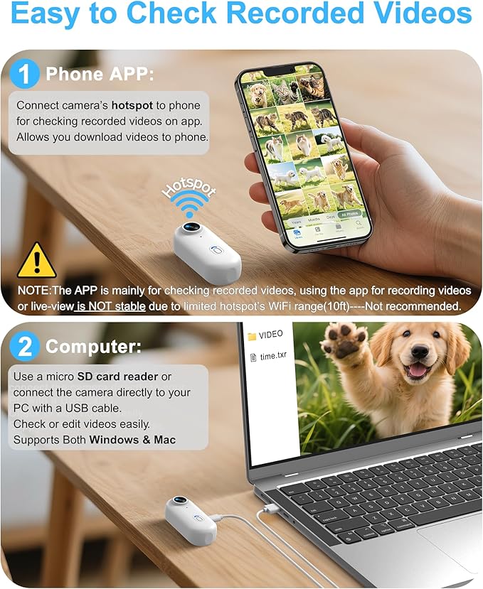 Dog & Cat Camera Collar with Phone APP, 1080P HD Video Recording, XS/M-Size Pet POV Cam for Dogs & Big Cats, Cordless Pet Collar Cameras with APP Viewing (M-Collar)