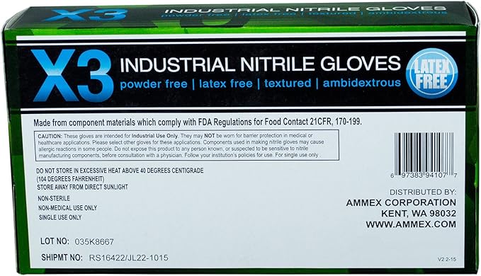 AMMEX X3 Series X348100 Non-Sterile Disposable Gloves, XL, Nitrile, Powder-Free, Blue