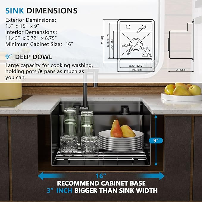 13"x15" Small RV Kitchen Sink – 16 Gauge 304 Stainless Steel Gunmetal Black NANO-PVD Undermount Single Bowl Basin with Foldable Faucet, for RV, Outdoor Camper, Mobile Home, Wet Bar