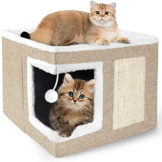 Cat Houses for Indoor Cats - Large Cat Bed Cave with Scratch Pad and Fluffy Ball, Foldable Cat Condo Hideaway with Reversible Cushion for Multi Small Pet, Khaki
