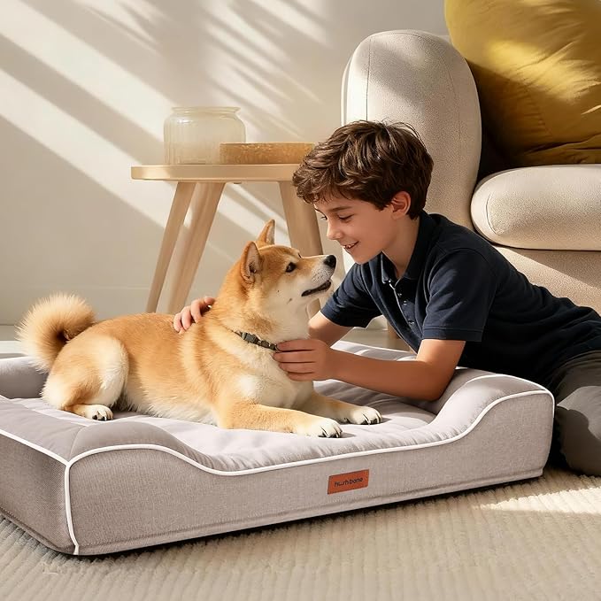 Cooling Dog Beds for Large Dogs with Removable Faux Fur Washable Covers,Waterproof Orthopedic Pet Couch Bed with Cool Gel Memory Foam and Bolster Side for Senior Pets,36" x 27" x 6.5" Beige