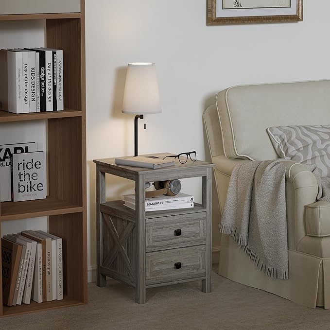 WOPITUES Nightstand with Charging Station, Farmhouse Night Stand with Drawers, Bedside Table, End Table for Bedroom, Living Room, Rustic Grey