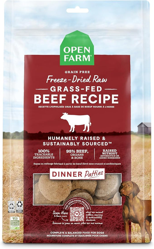Open Farm, Freeze Dried Raw Dog Food, Patties with 95% Meat, Organs & Bone, Complete Meal or Freeze Dried Dog Food Mixer, Grass-Fed Beef Recipe, 17.5oz Bag