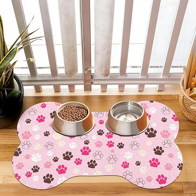 Pet Dog Cat Food Mat, Absorbent Bone Shaped Dog Bowl Mats for Food and Water, Non Slip Cute Dogs Cat Placemats Feeding Mat with Rubber for Floors Indoor Puppy Pet Accessories Supplies 17"x30" Pink