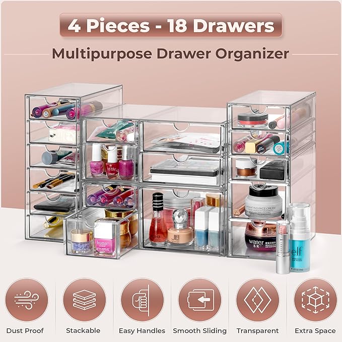 Sorbus Makeup Organizer With 18 Drawers, Acrylic Drawer Organizer for Makeup, Office Organization and Storage, Art Supplies, Jewelry, Stationary - 4 Pcs Clear Stackable Storage Bins Organizer Drawers