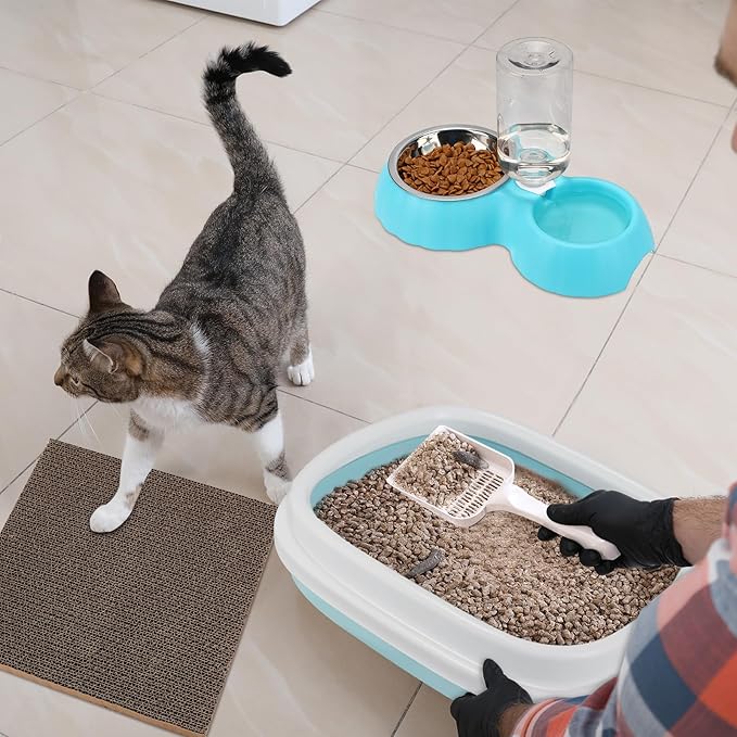 5 Pcs Small Cat Kitten Starter Kit Include Litter Box with Shovel Cat Paw Litter Mat Scratch Pad Automatic Bowls Turntable Toys Balls Essentials Kits for Kittens Life(Blue)
