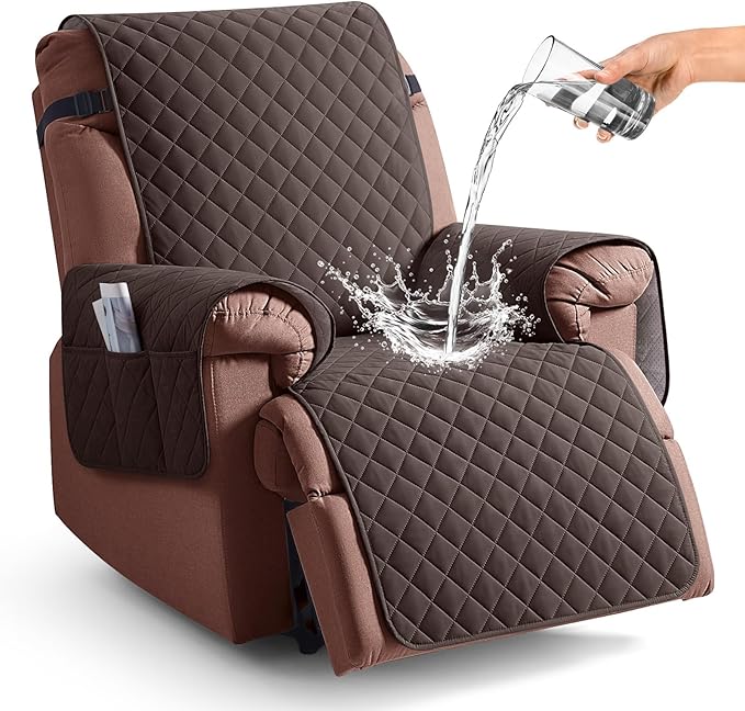 KinCam 100% Waterproof Recliner Chair Cover, Reclining Couch Covers for Pets, Dogs, Recliner Couch Slipcover Furniture Protector with Elastic Straps for Kids(23.6", Chocolate)