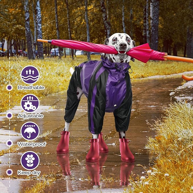Dog Raincoat, Lightweight Rain Jacket, Adjustable 4-Legs Pet Poncho with Hood, Snow-Proof Dog Vest Rainwear, Rain Clothes Apparel with Leash Hole