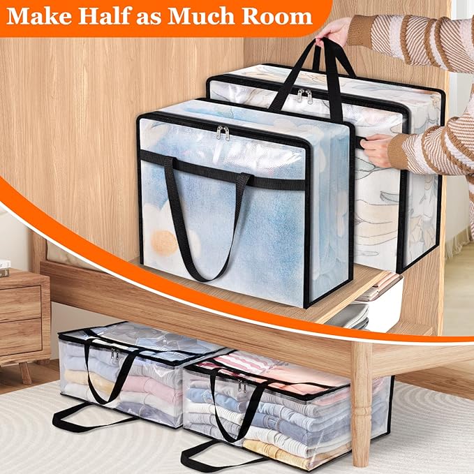 6 Pack Clear Storage Bags for Comforter, Clothes & Bedding, Plastic Blanket Storage with Zipper and Handle, Moving Bags, Closet Organizer and Under-Bed Storage (60L)