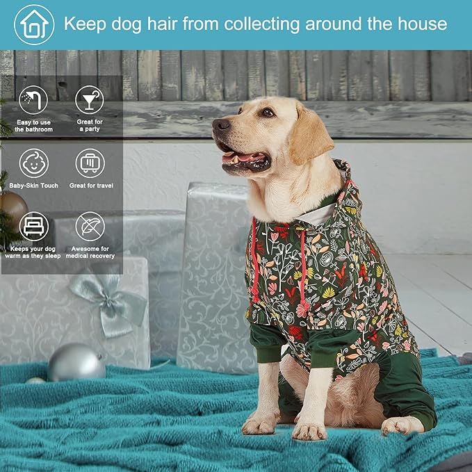 LovinPet Large Dog Onesies Big Pajamas: Wound Care/Post Surgery, Anxiety Relief, Lightweight Stretchy Fabric, Dog Pajamas,Dog Jammies, Reflective Stripe, Dew & Moss Dark Green Print, Pet PJ's/XL