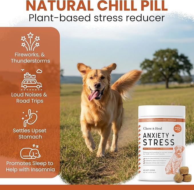 Chew + Heal Labs Calming Chews for Dogs - 60 Peanut Butter Melatonin Dog Sleep Aid & Calming Dog Treats with Thiamine, L-Tryptophan & Ginger