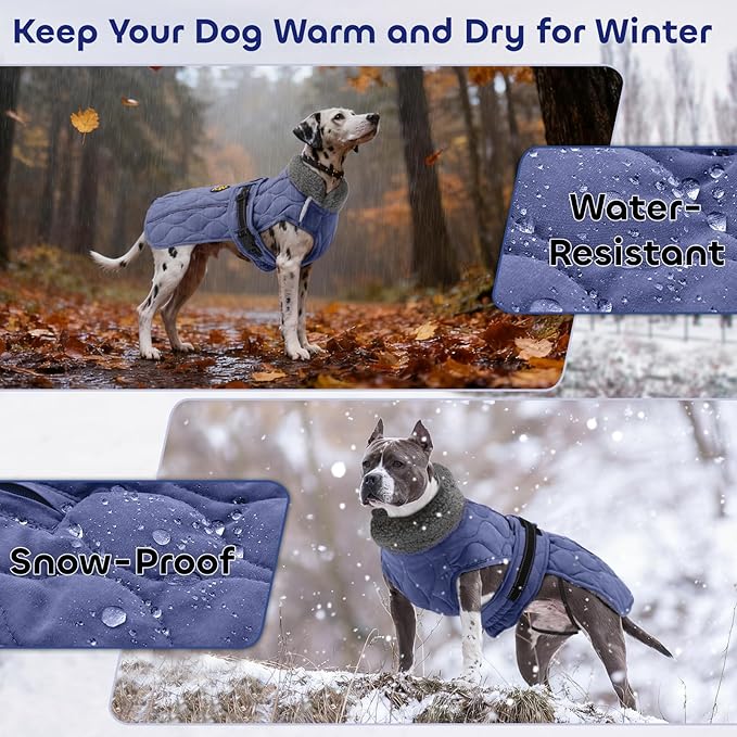 Dog Coat Winter, Waterproof Quilted Dog Jacket for Cold Weather, Reflective Adjustable Puppy Winter Coat, Warm Turtle-Neck Pet Fleece Snow Jacket for XX-Large Dogs, NewBlue XXL