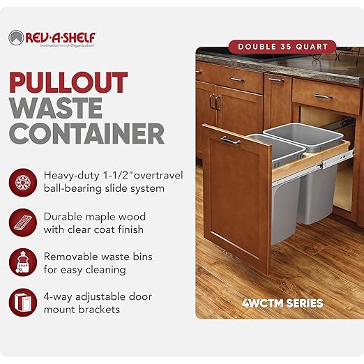 Rev-A-Shelf 35 Qt Top Mount Double Pullout Under Cabinet Kitchen Trash Cans w/Soft-Close, 150 Pound Rated Full-Extension Slides, 15" W, Gray, 4WCTM-18BBSCDM2 - Container Bins for Waste Management
