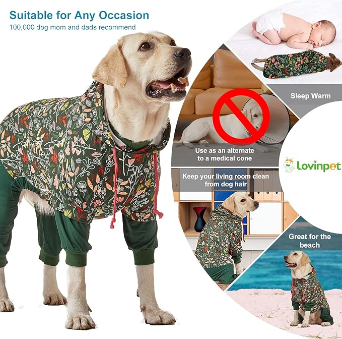 LovinPet Large Dog Onesies Big Pajamas: Wound Care/Post Surgery, Anxiety Relief, Lightweight Stretchy Fabric, Dog Pajamas,Dog Jammies, Reflective Stripe, Dew & Moss Dark Green Print, Pet PJ's/XL