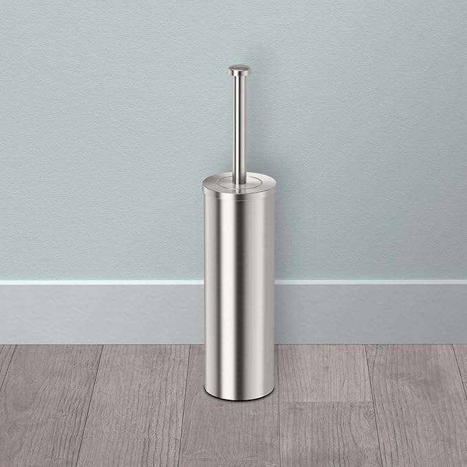 Gatco Small Bathroom Trash Can with Lid and Toilet Brush Set, Round 3 Gallon Stainless Steel Wastebasket, Under Sink, Satin Nickel, for Bathroom, Bedroom, Office (2976)