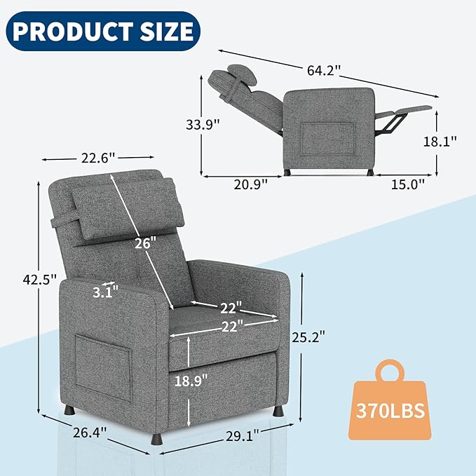 GarveeHome Recliner Chair Living Room Electric Recliner Adjustable Power Reclining Chair for Adults Home Theater Seating with Side Pockets & USB Port(Gray)