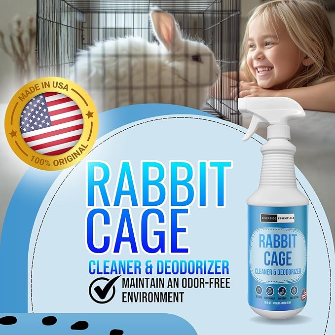 32oz Rabbit Cage Cleaner & Deodorizer Spray - Safe & Effective Odor Eliminator for Small Animal Cages - Non-Toxic & Pet Safe Friendly Formula - Made in the USA