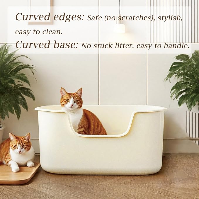 Large Cat Litter Box with High Sides, Side Entry Open Top Deep Tall Litter Pan, Kitty Litter Box for Indoor Small and Medium Cats, Creamy White (Anti-Splashing) 19.7" L x 15.4" W x 8.6" H