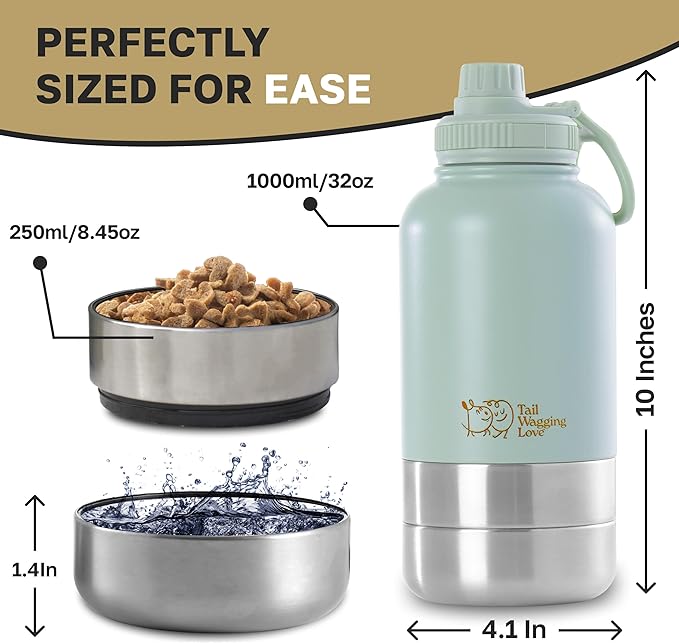 32oz 3-in-1 Portable Dog Travel Water Bottle, Food & Hydration Bottle - Dual Use for Humans & Pets with Detachable Bowls, Stainless Steel, Keeps Water Hot for 6hrs & Cold for 12hrs