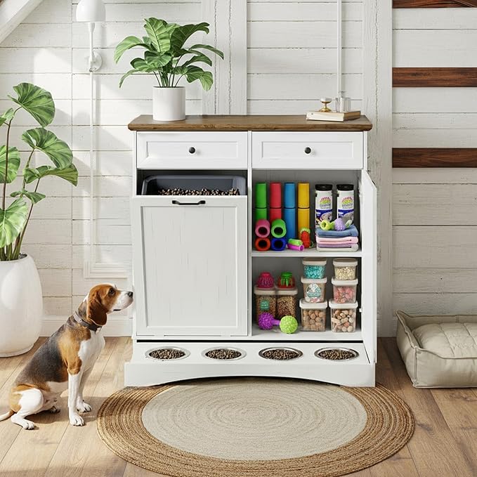 Double Tilt Out Trash Can Cabinet with Dog Bowl, 2 * 13 Gallons Dog Food Storage Cabinet, Hidden Trash Can Cabinet with Hideaway Drawer for Kitchen, Living Room (White, Double Door)