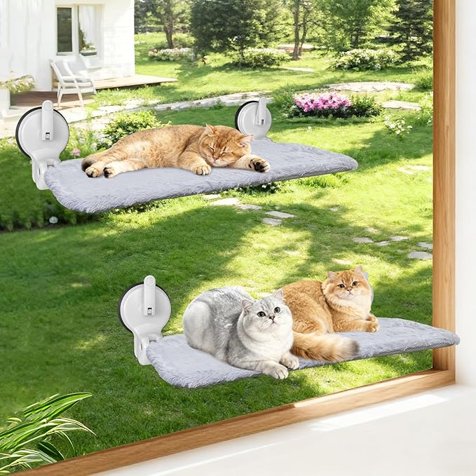 L&W BROS. 2PC Cat Window Perch with Lever Lock Suction Cups Holds up to 50 lbs Foldable & Space Saving Design Heavy Duty Window Hammock for Large or Multiple Cats (L 2Pc)