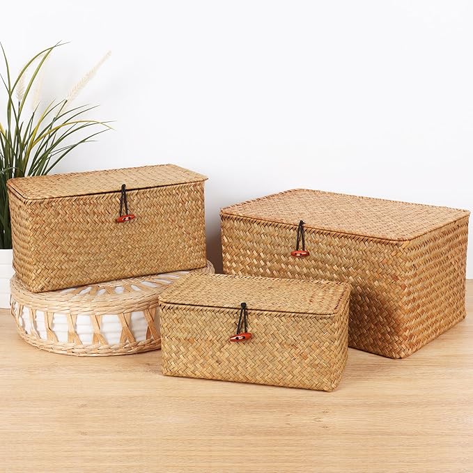 Wicker Shelf Baskets with Lid,Natural Seagrass Storage Basket Boxes Handwoven Rectangular Baskets Bins Multipurpose Home Organizer Decor (Medium)