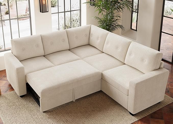 HONBAY 83.4 Inch U-Shaped Sectional Sleeper Sofa with Pull-Out Bed, 5-Seater Sectional Sofa for Living Room, Pet-Resistant Corduroy Couch, Beige