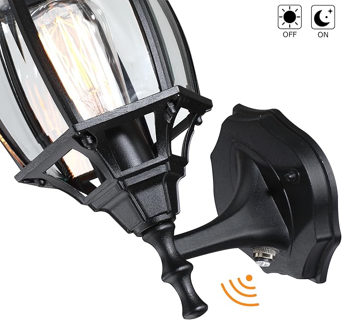 2 Pack Black Dusk to Dawn Outdoor Wall Lights - 16.8 Inch Garage Side Light for House Outside Dusk to Dawn Wall Lantern, Black Vintage Porch Sconce Light for Front Door,Entrance,Balcony,E26