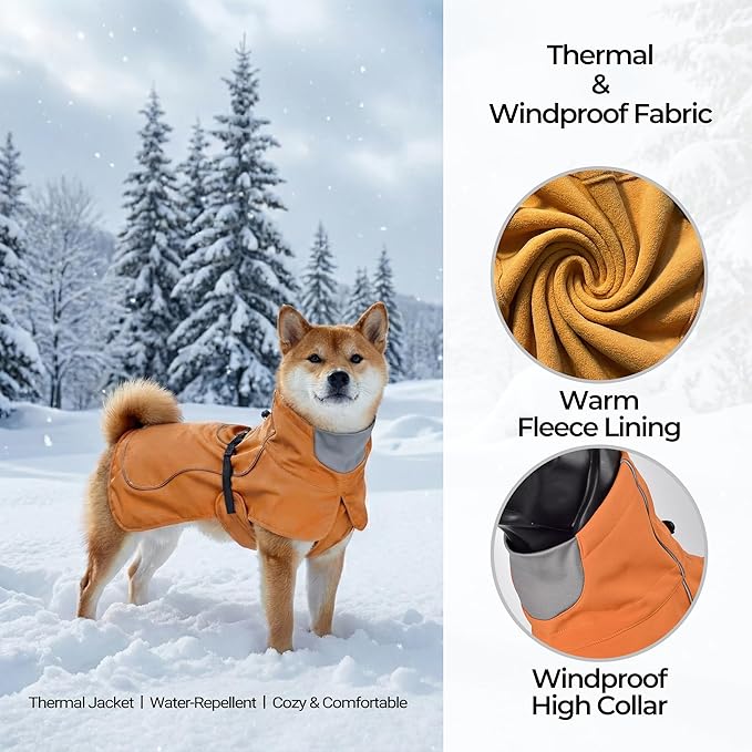Softshell Dog Coat for Winter Walks and Hiking, Windproof and Water-Repellent Jacket with Harness Opening and Reflective Strips, Ideal Stocking Stuffer for Active Dogs (Aurantium, Small)