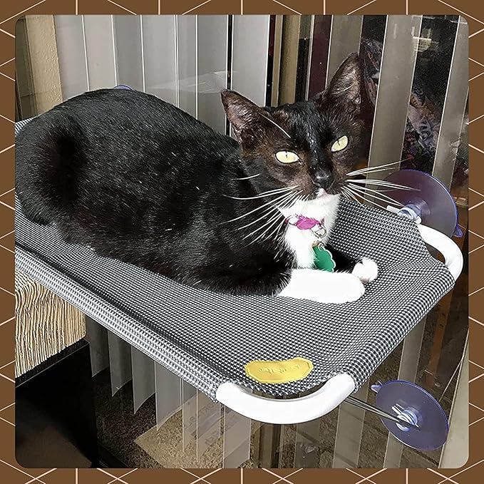 Cat Window Perch with 360° Sunbath, Hammock Bed for Indoor Cats, Grey Comfortable Seat for Sunbathing, Easy to Install on Any Window (Large)
