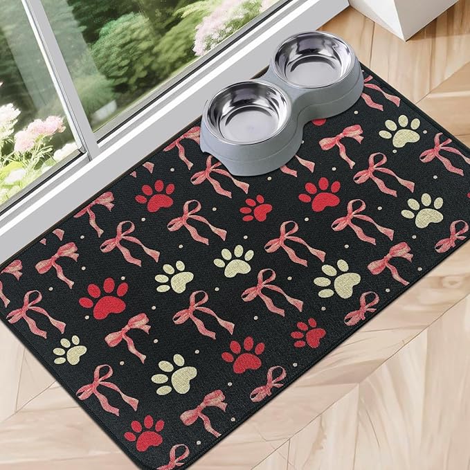 SHIYUE Dog Food Mats for Floors, Absorbent Cat Bowl for Food and Water, Non-Slip Accessories Pet Supplies(12"x20",Black Bow Footprint)