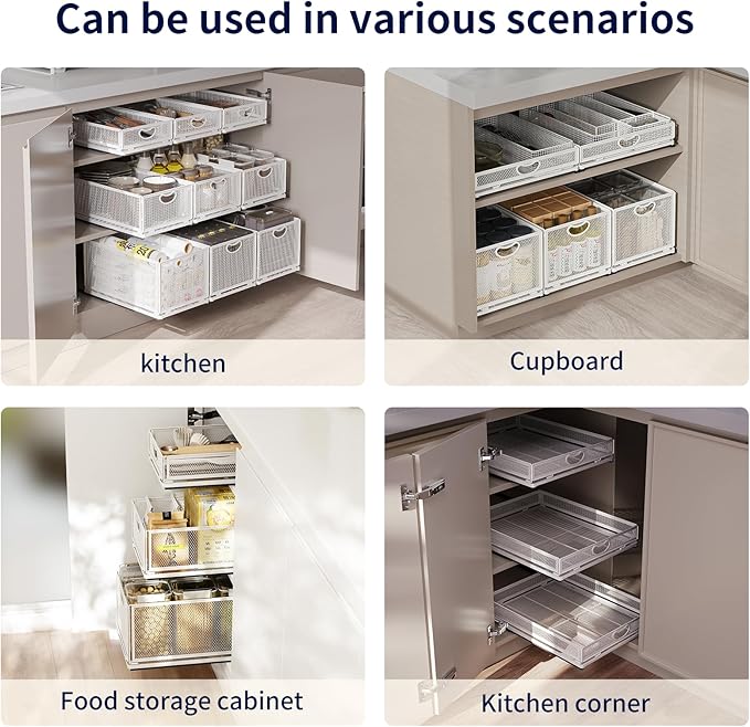 Pull Out Cabinet Organizer, No Drill Adhesive Sliding Drawers for Kitchen, Metal Mesh Wire Storage Shelf for Pantry & Under Sink, White (9.6" W x 15.7" D x 6.1" H)