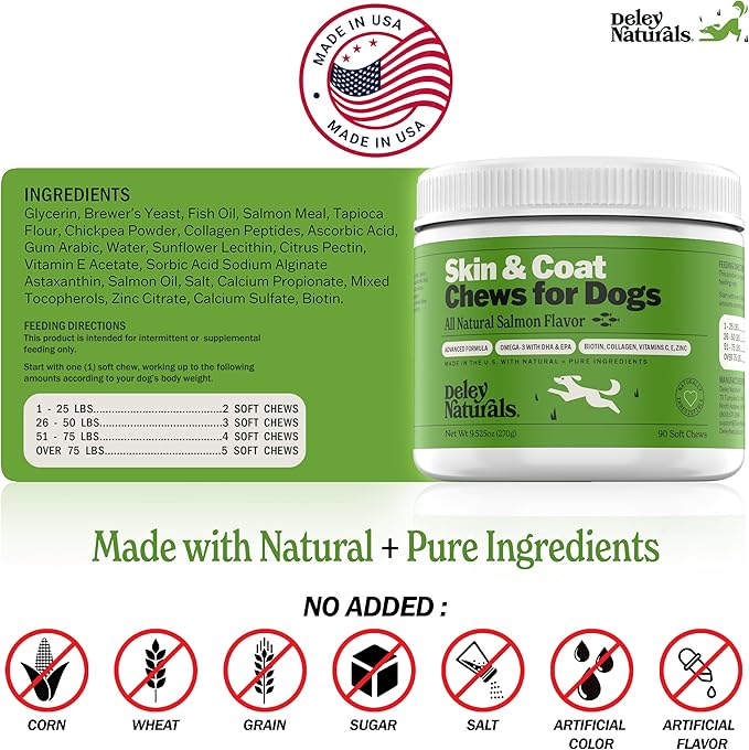 Deley Naturals Skin & Coat Chews - Dog Allergy Chews with Omega 3 Fish Oil, Biotin, Collagen and Essential Vitamins - Supports Dog Itching Skin Relief, Reduces Dryness and Healthy Coat - 90 Chews