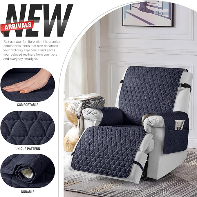 TAOCOCO 100% Waterproof Recliner Cover - Recliner Cover with Non-Slip Granule, Recliner Chair Covers with Elastic Band, Recliner Chair Covers for Reclining Chair(Dark Blue, Large-28'')